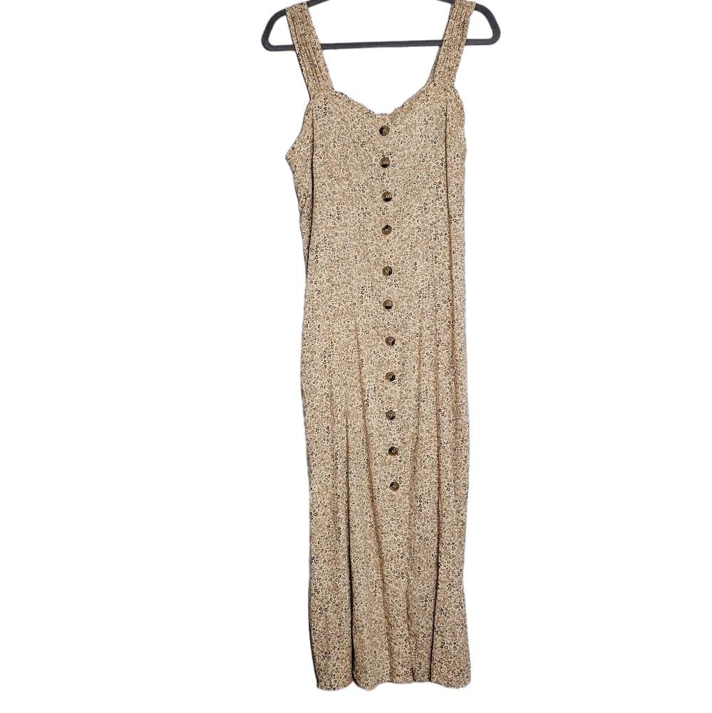Japna Beige Floral Midi Dress with Front Buttons